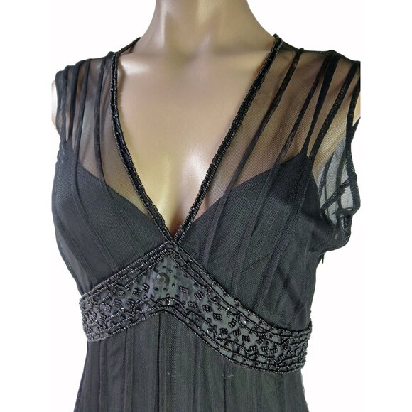 ECI New York Black Mesh Evening Dress Beaded Waist Size 4 Illusion Empire  Lined - Picture 5 of 15